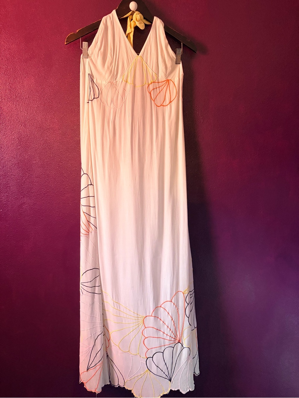 Vintage Tamara Catz Maui classic white halter maxi dress with shell embroidery